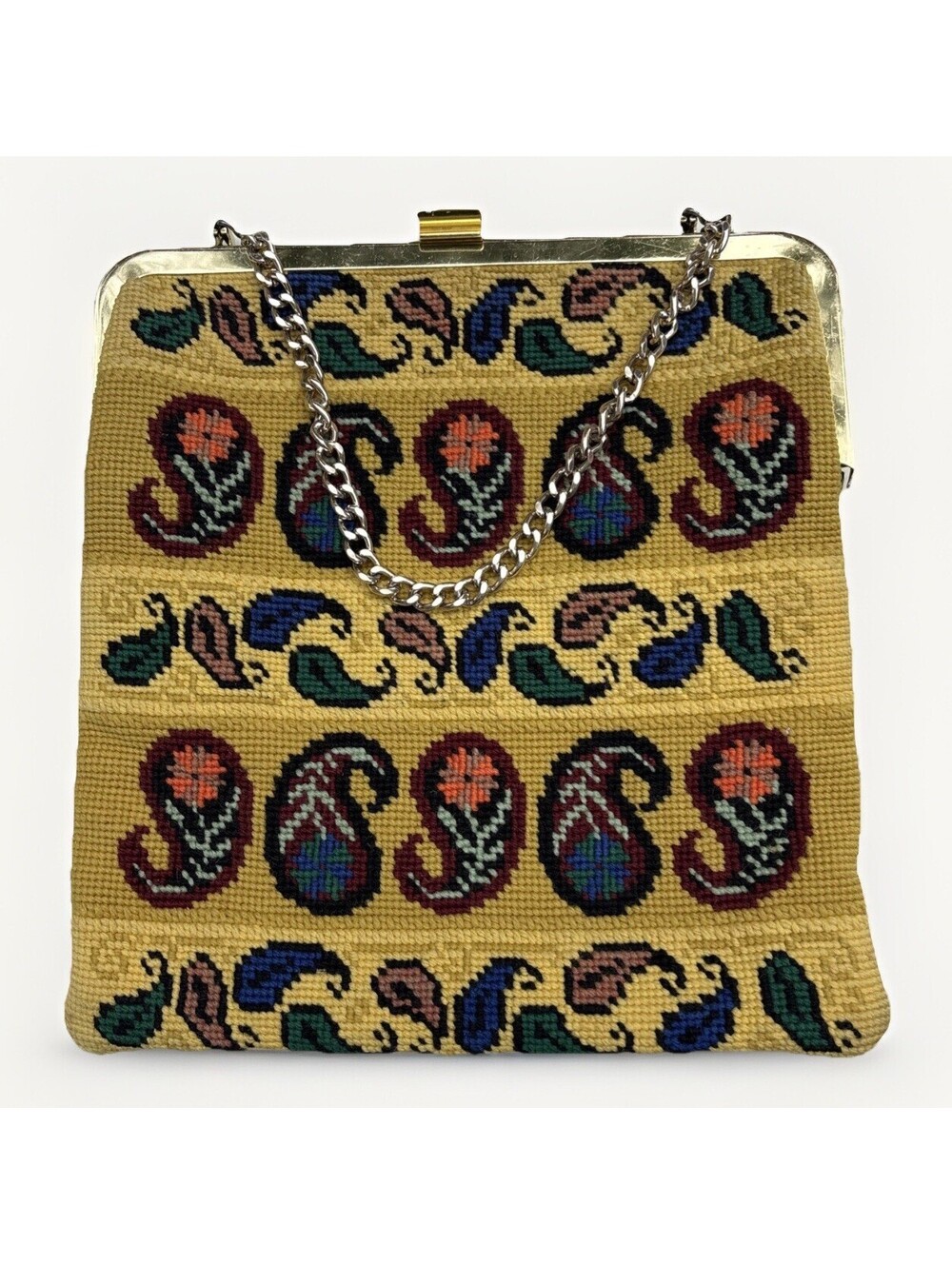 Vintage Needlepoint Handbag with Paisley Floral Tapestry on